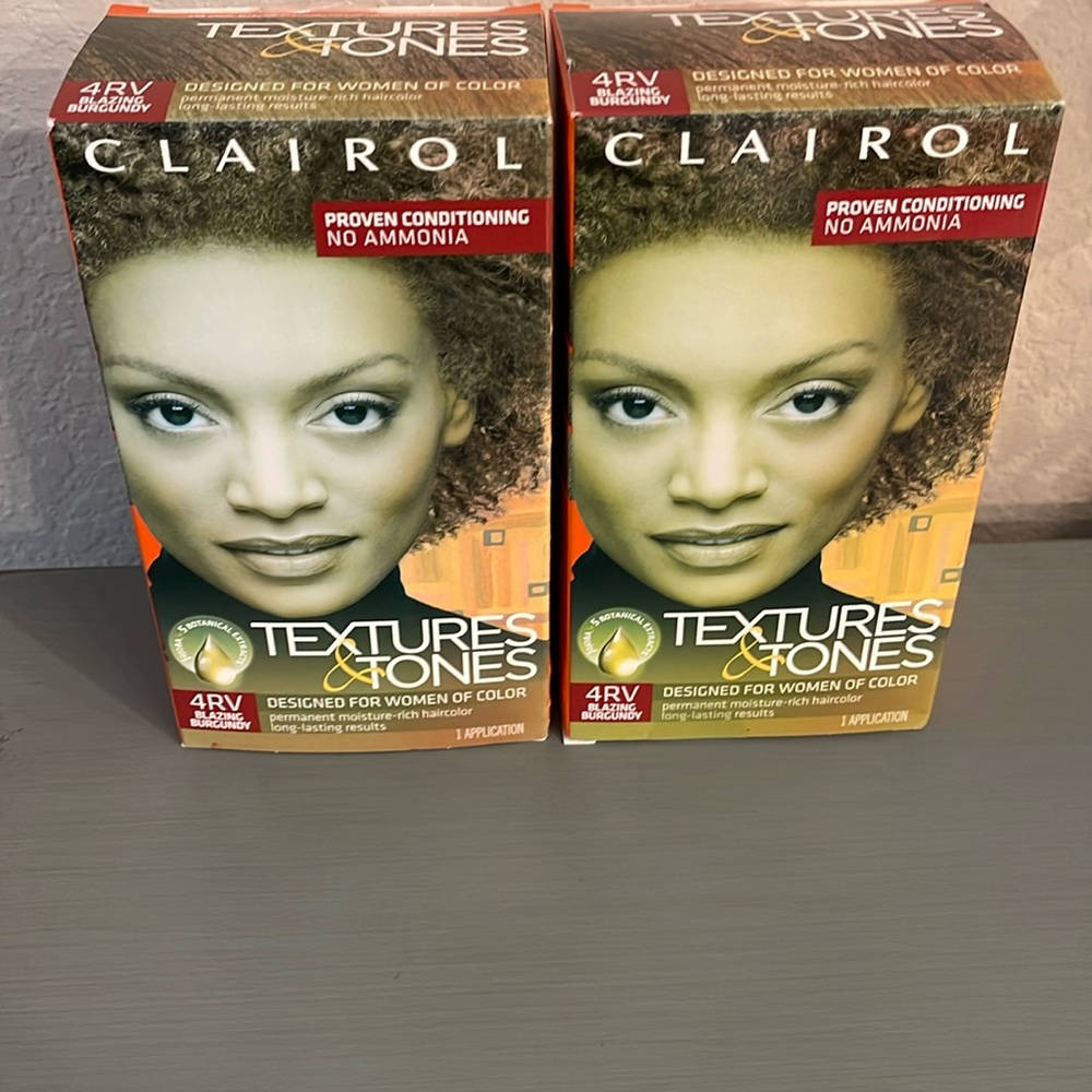 (2)-Clairol Texture & Tones, Hair Color: 4RV Blazing Burgundy.